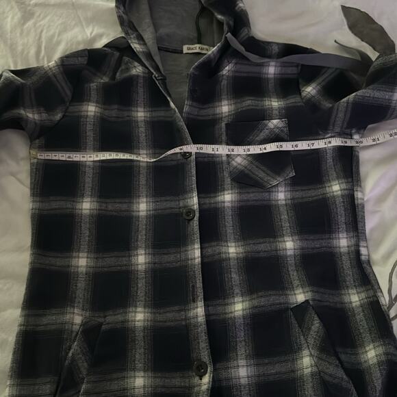 Grace Karin | Black and White Plaid Hooded Flannel Button Down Size S - Picture 9 of 10